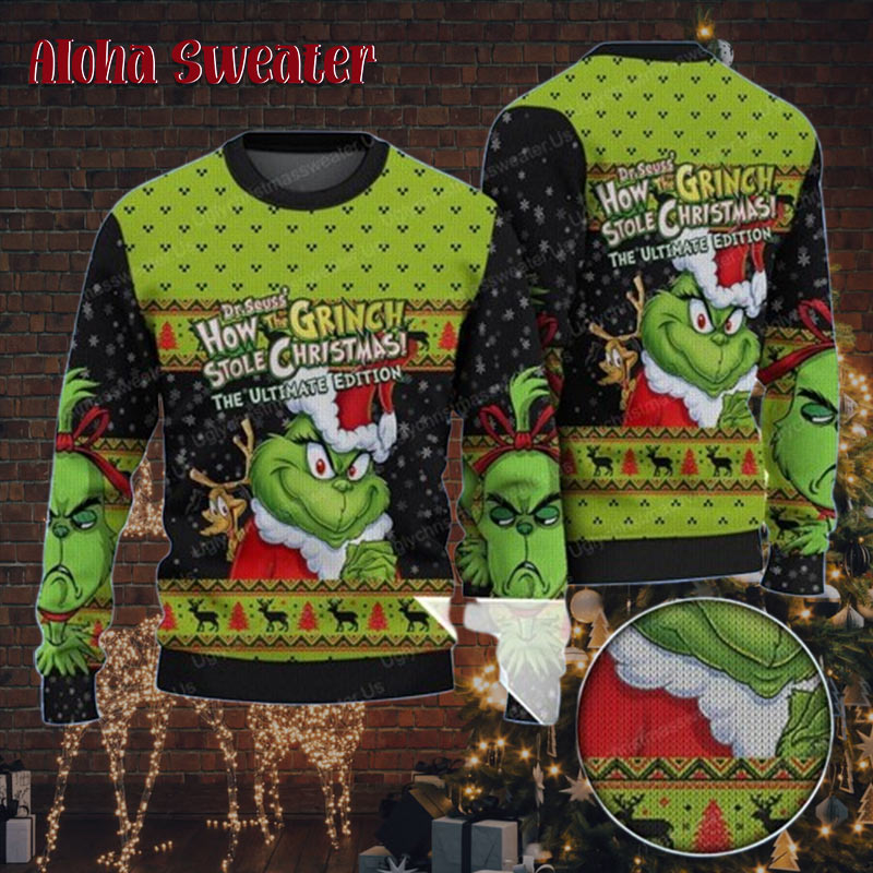 Cute Green Grinch Face Christmas Sweater Snow Pattern Ugly Christmas Sweater