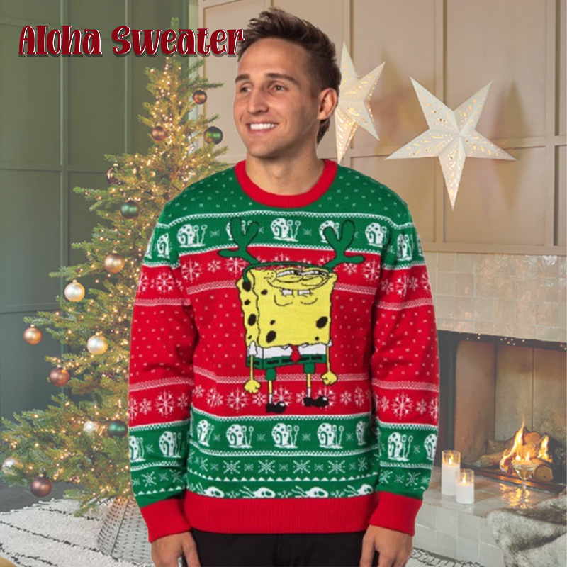 Funny Face Spongebob Wearing Reindeer Antlers Ugly Christmas Sweater