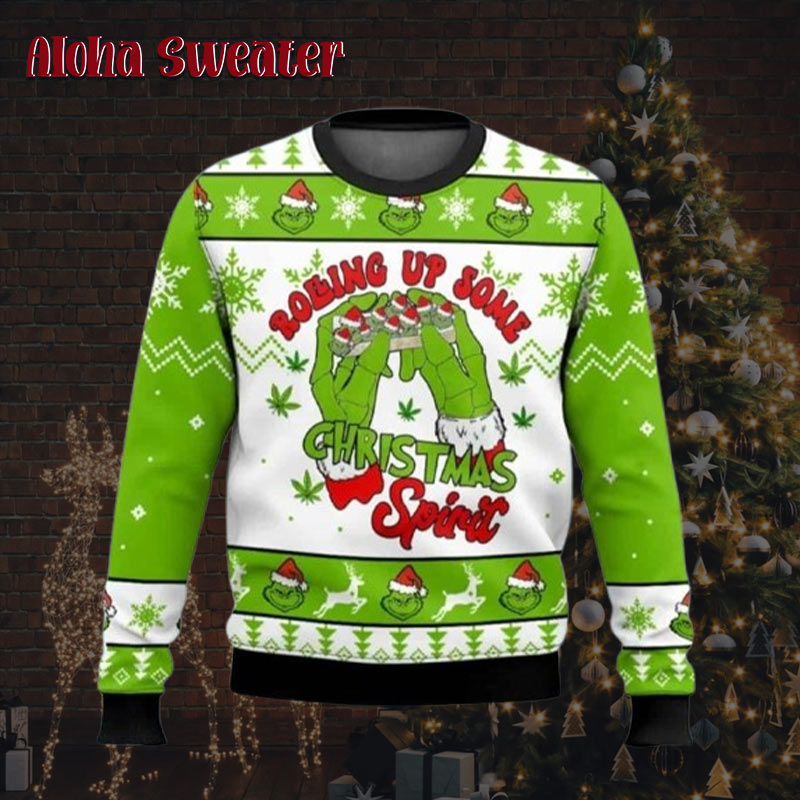 Grinch Rolling Up Some Christmas Spirit Ugly Christmas Sweater