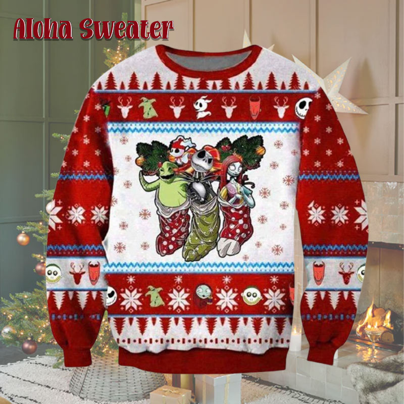Jack Sally And Oogie Boogie In The Socks Blue Ugly Christmas Sweater