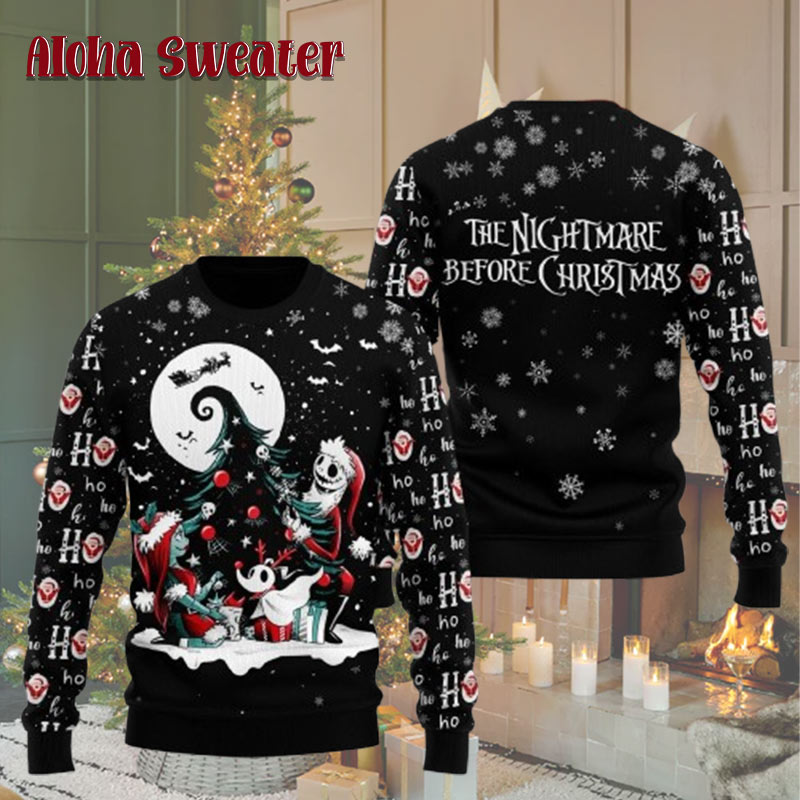 Jack Skellington Decorating Christmas Tree Nightmare Before Christmas Ugly Christmas Sweater