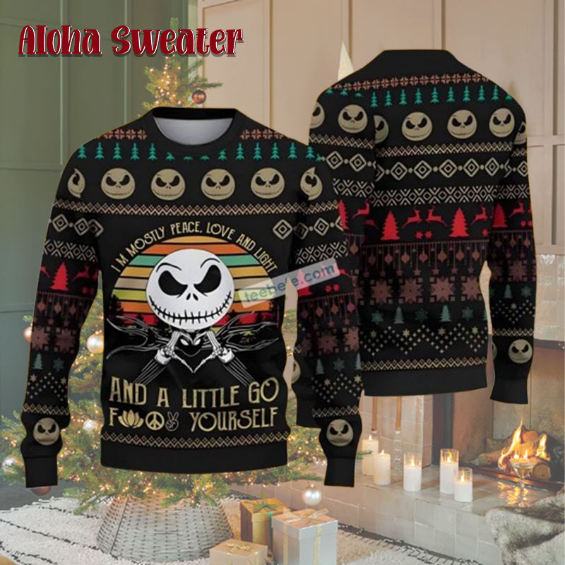 Jack Skellington Mostly Peace Love Light Black Cool Christmas Ugly Christmas Sweater