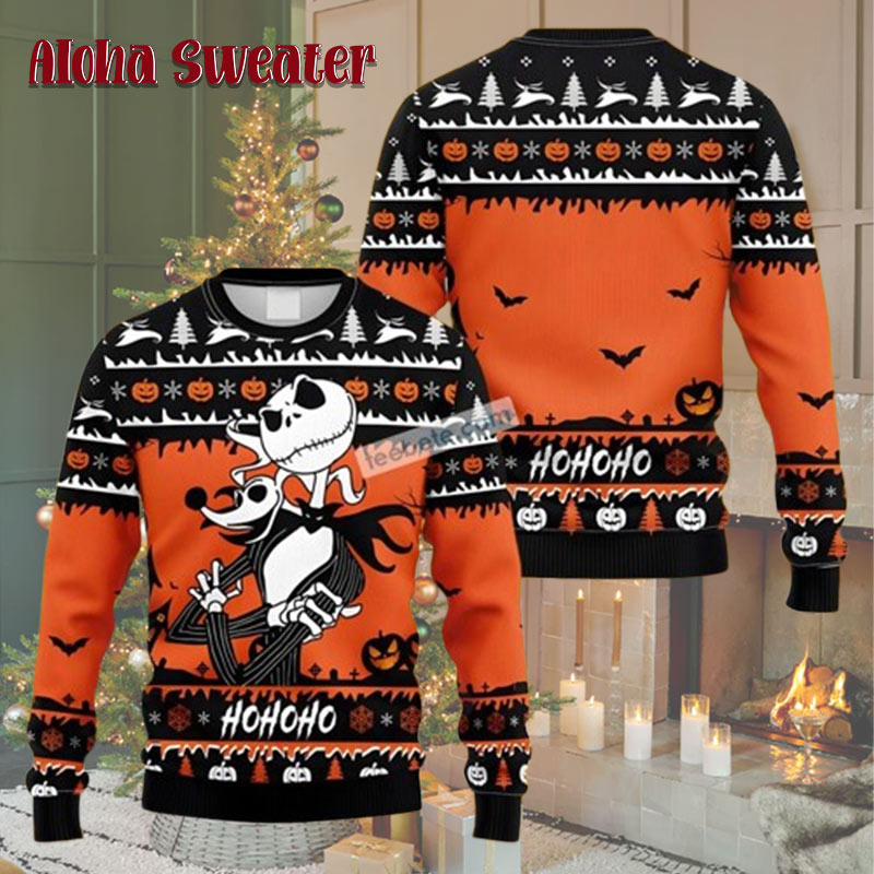 Jack Skellington Zero Black Orange Halloween Pattern Nightmare Before Christmas Ugly Christmas Sweater