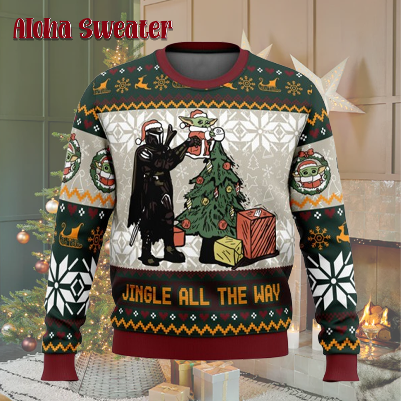Jingle All The Way Mandalorian Xmas Tree Star Wars Ugly Christmas Sweater