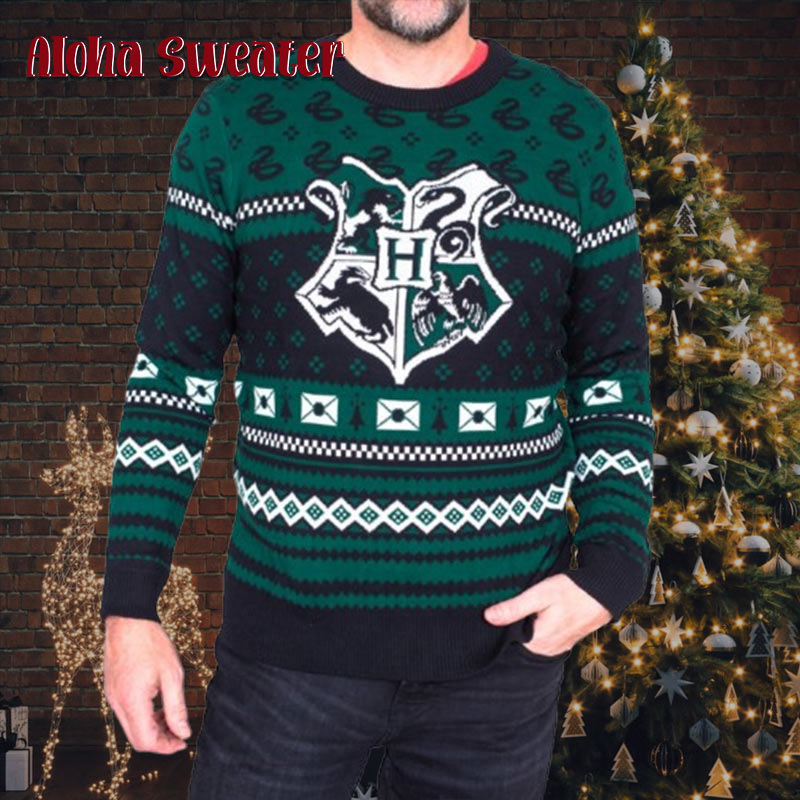 Logo Of Four Houses Harry Potter Slytherin Ugly Christmas Sweater