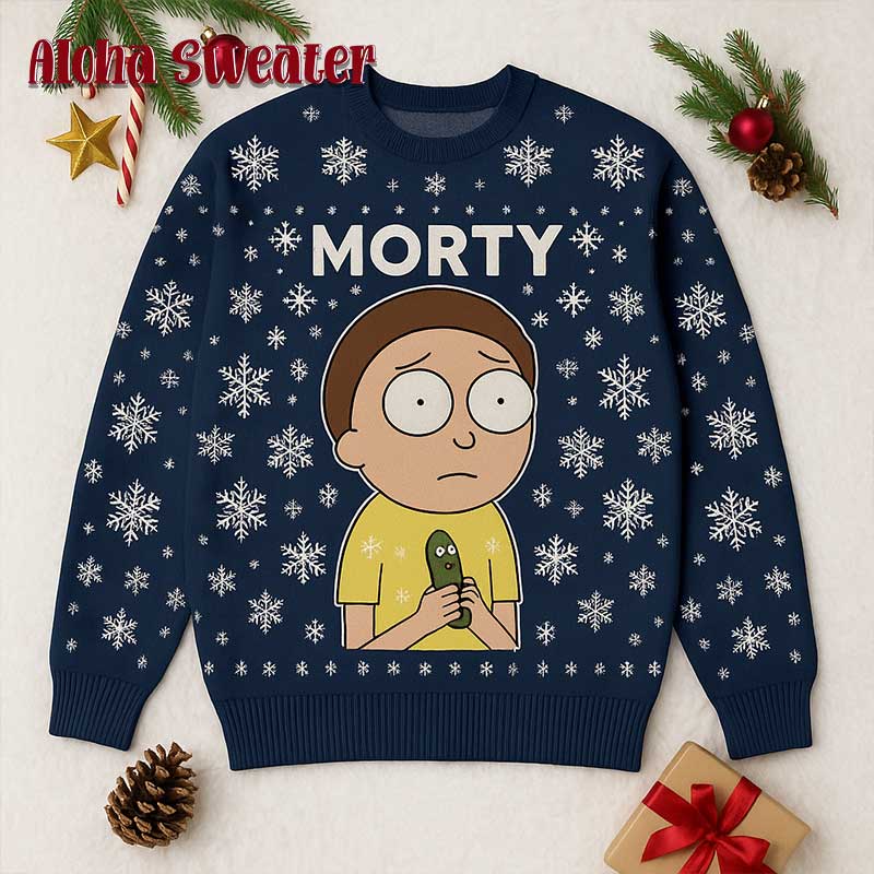 Morty Holding Pickle Rick Cartoon Ugly Christmas Sweater