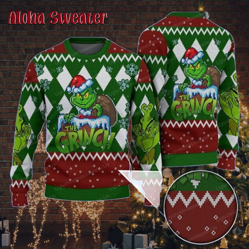 Red And Green The Grinch With Santa Hat Ugly Christmas Sweater