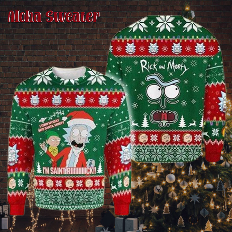 Rick And Morty I Turned Myself Holiday Pattern Ugly Christmas Sweater