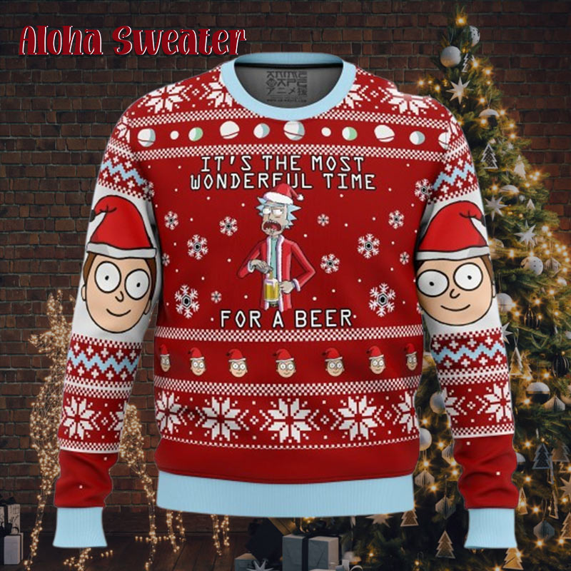 Rick And Morty Time For A Beer Holiday Pattern Ugly Christmas Sweater