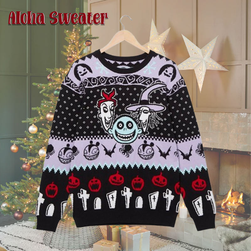 Scary Faces Nightmare Before Christmas Halloween Pattern Ugly Christmas Sweater