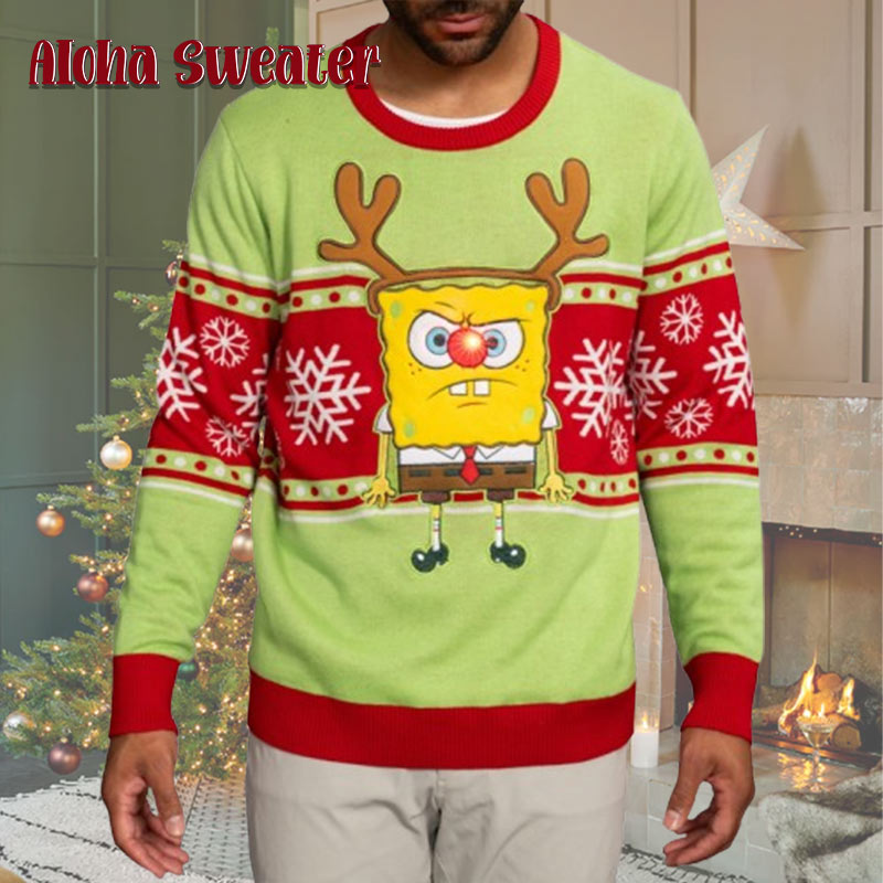 Spongebob Led Reindeer Nose Christmas Ugly Christmas Sweater