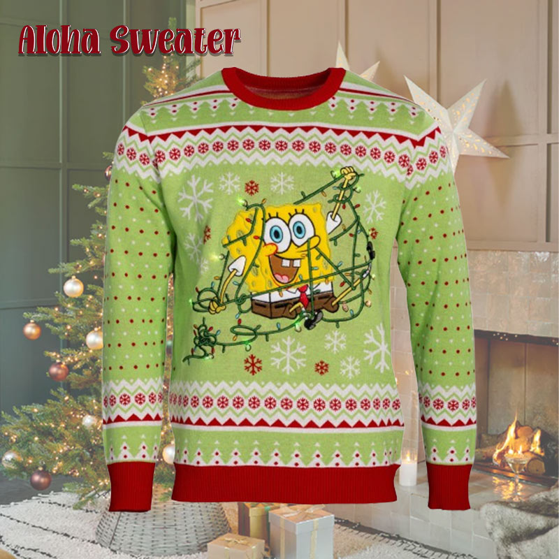 Spongebob Tangled Led Lights Light Colored Ugly Christmas Sweater