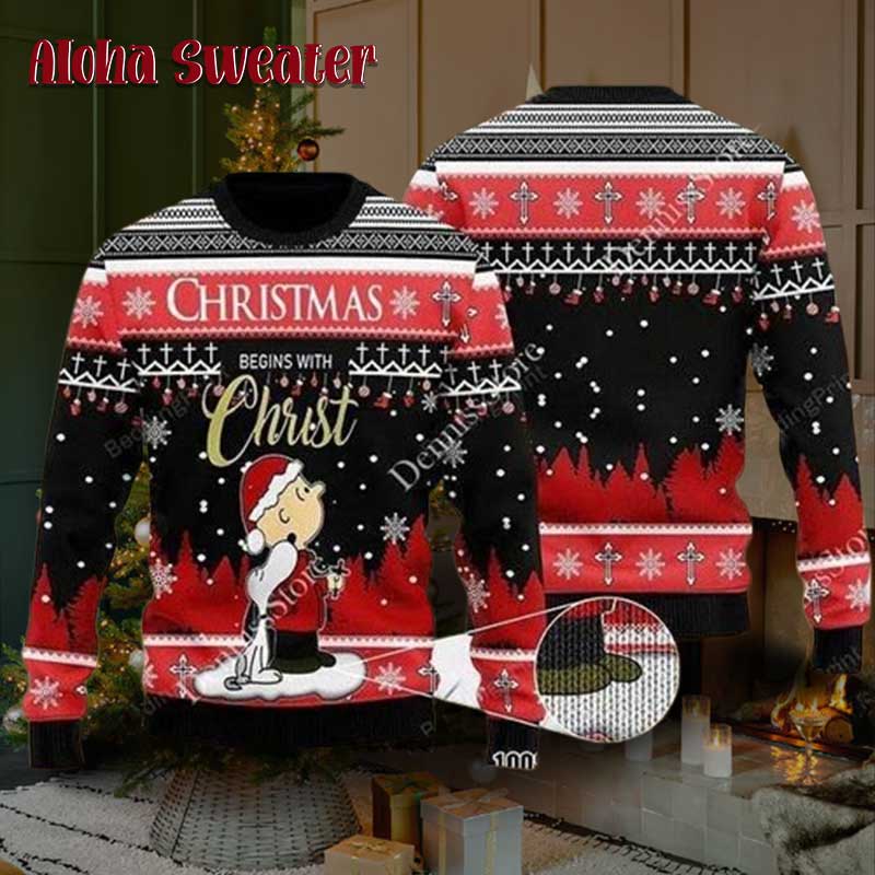Begin With Christ Black Snoopy Ugly Christmas Sweater