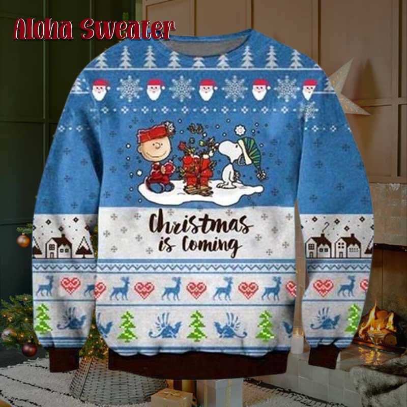 Christmas Is Coming Blue And White Snoopy Ugly Christmas Sweater