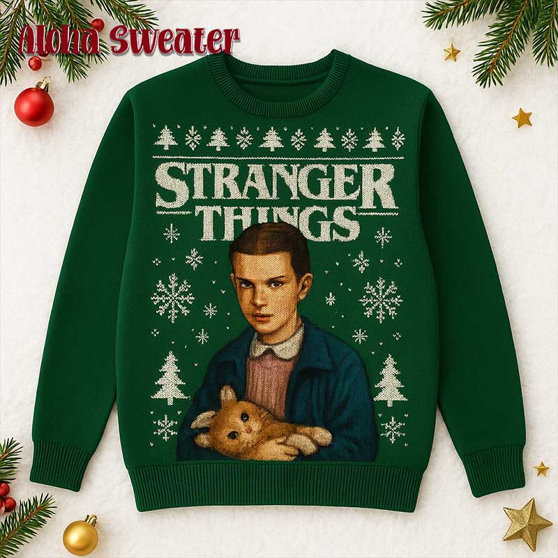 Eleven Holding A Cat Stranger Things Ugly Christmas Sweater