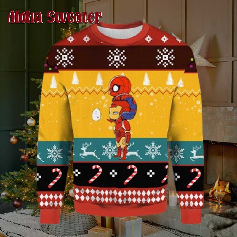 Iron Man Carries Spider Man Ugly Christmas Sweater