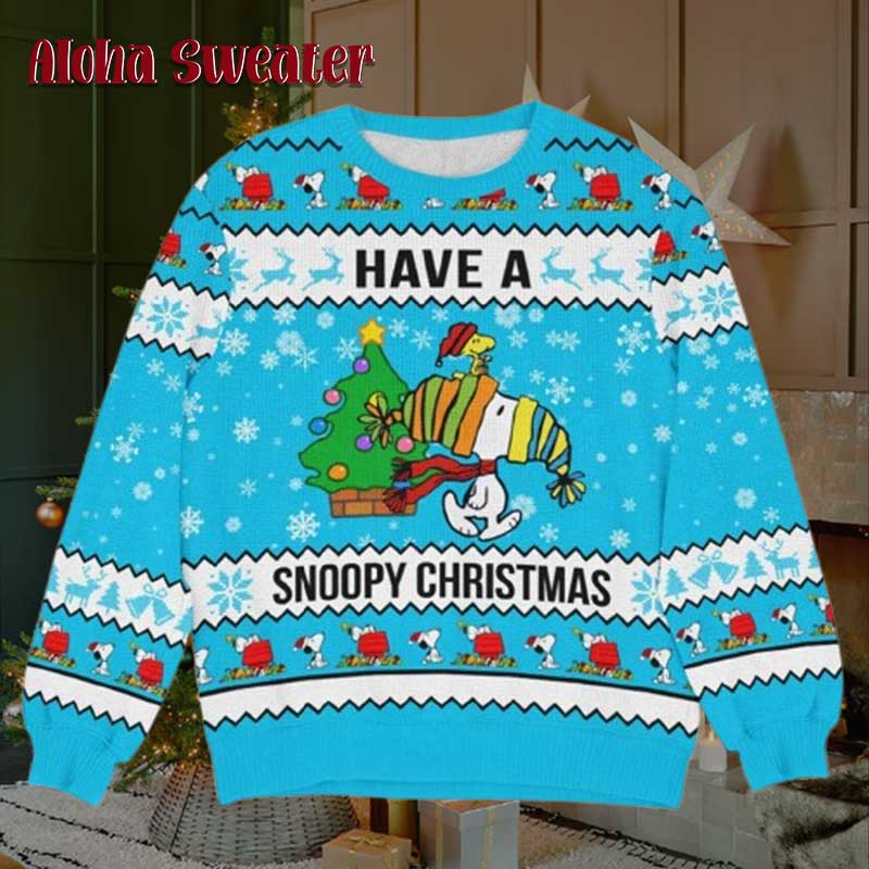On Doghouse Blue Snoopy Ugly Christmas Sweater