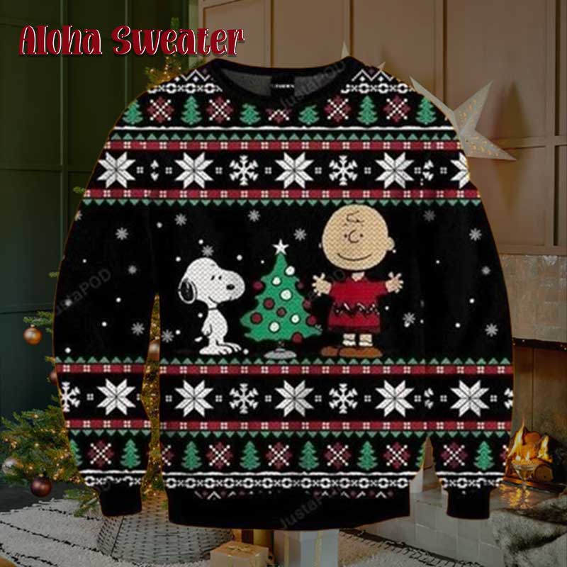 Peanuts Snoopy Tree And Snowflakes Ugly Christmas Sweater