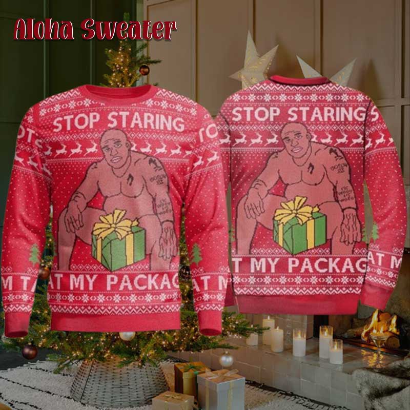 Stop Staring At My Package Barry Wood Ugly Christmas Sweater