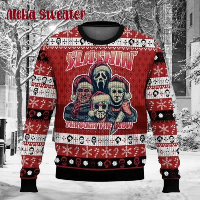 Horror Guys Slashin Through The Snow Jason Voorhees Ugly Christmas Sweater