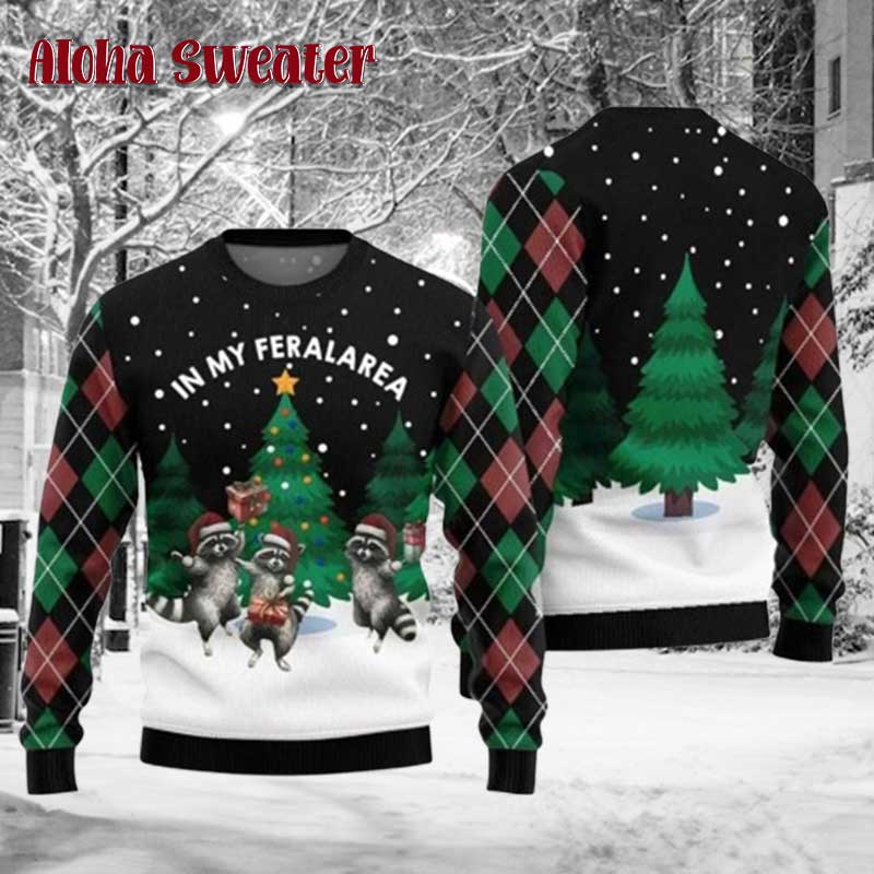 2025 In My Feralarea Raccoon Ugly Christmas Sweater