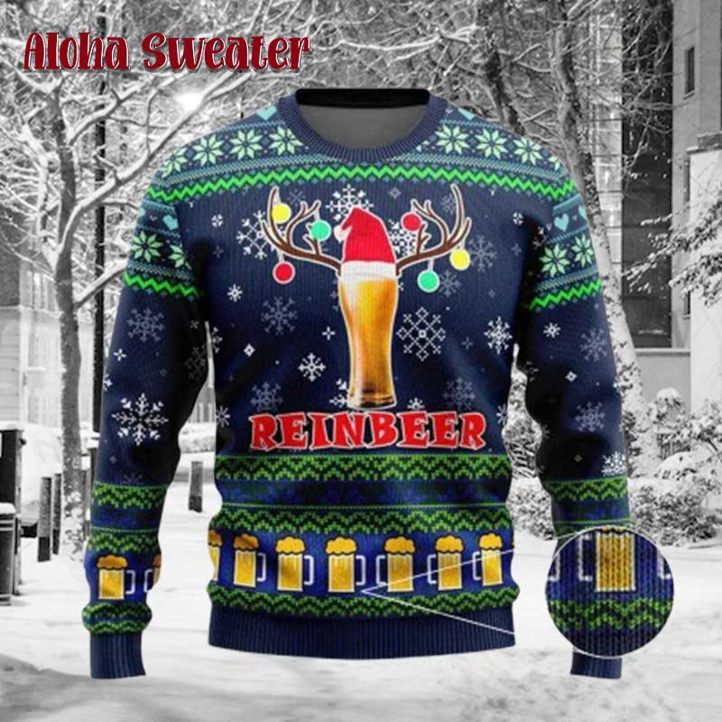 Beer Reindeer Wraped In Lights Ugly Christmas Sweater