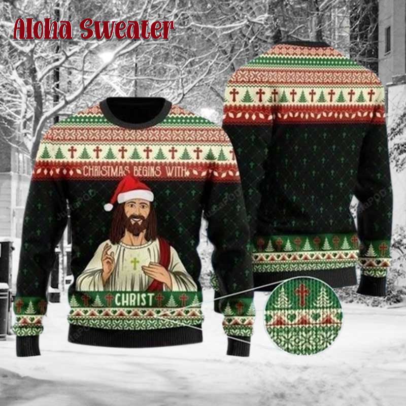 Begins With Christ Jesus Ugly Christmas Sweater