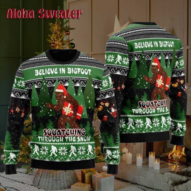 Believe In Bigfoot Squatching Ugly Christmas Sweater