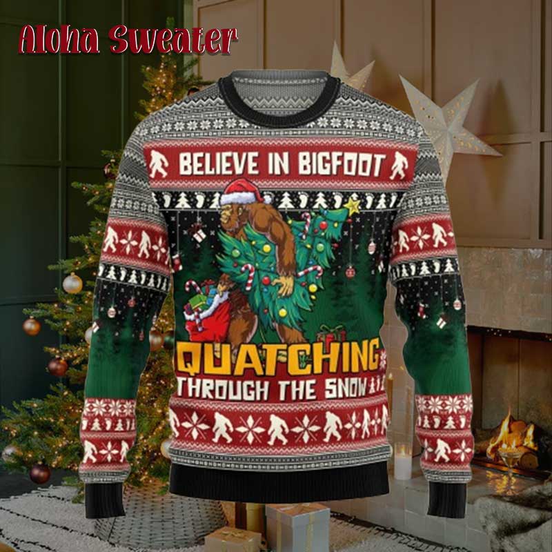 Believe In Bigfoot Through The Snow Ugly Christmas Sweater