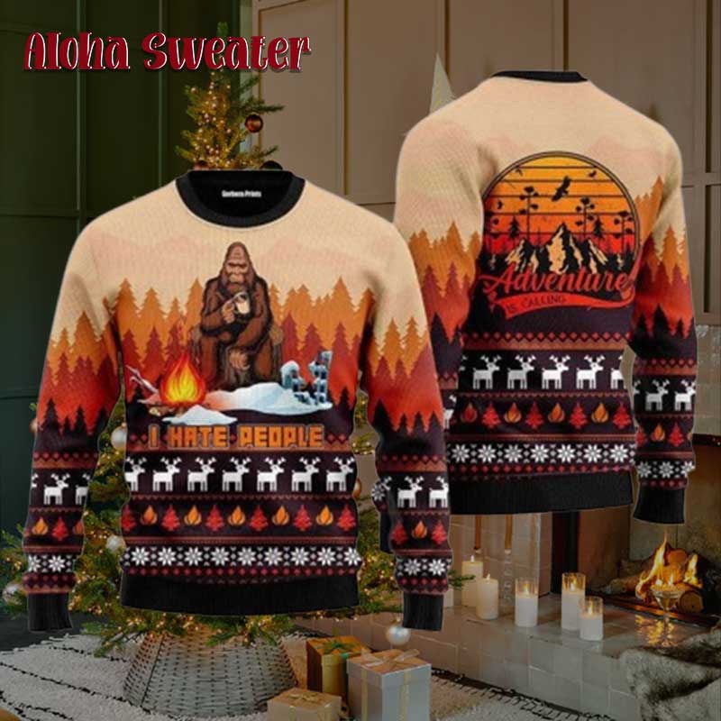 Bigfoot Camping Hate People Ugly Christmas Sweater