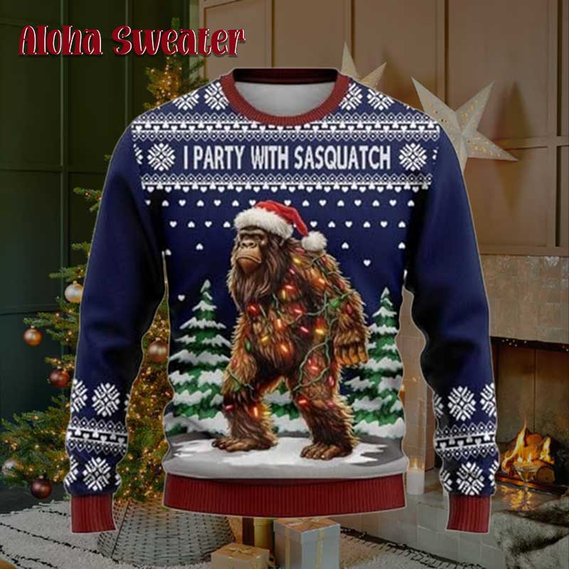 Bigfoot I Party With Sasquatch Ugly Christmas Sweater