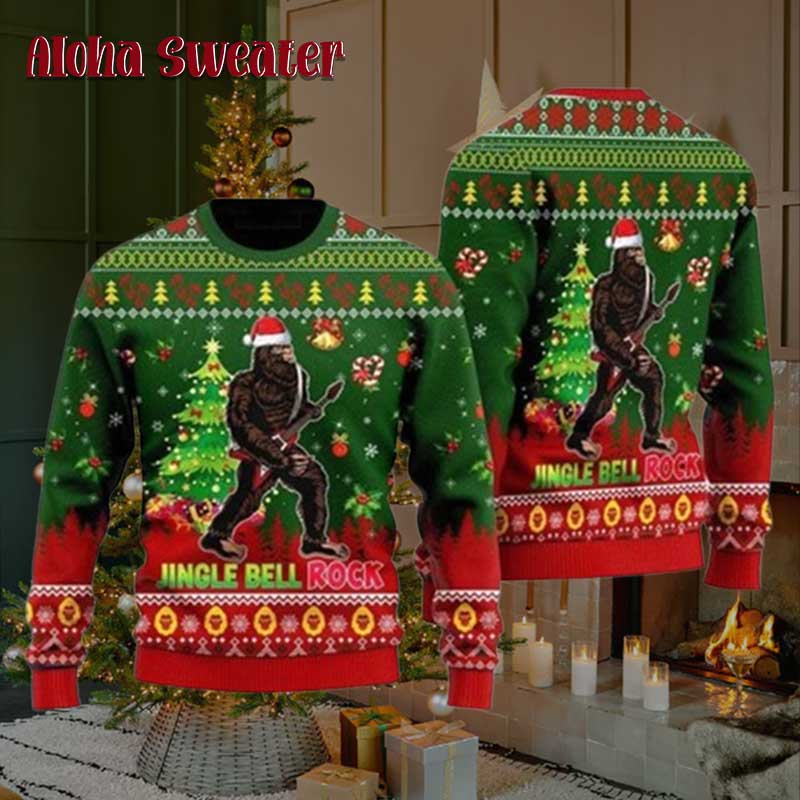 Bigfoot Playing Guitar Jingle Bell Rock Ugly Christmas Sweater