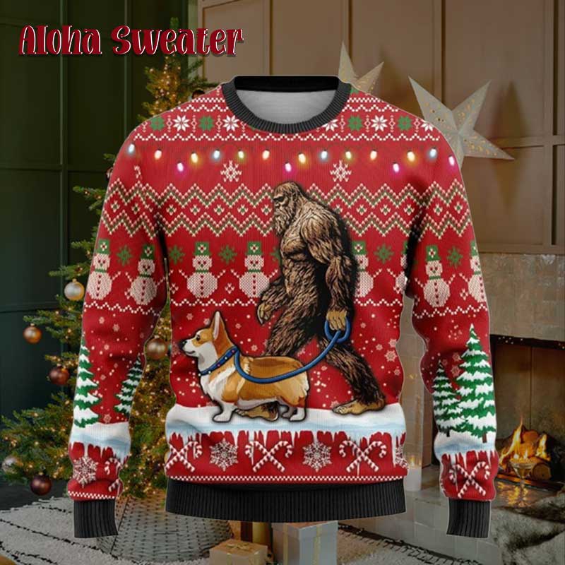 Bigfoot Taking The Corgi Out Ugly Christmas Sweater