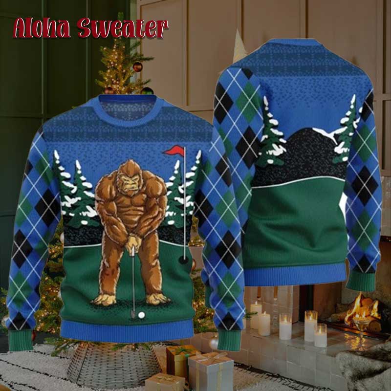 Blue Bigfoot Golfing Ugly Christmas Sweater