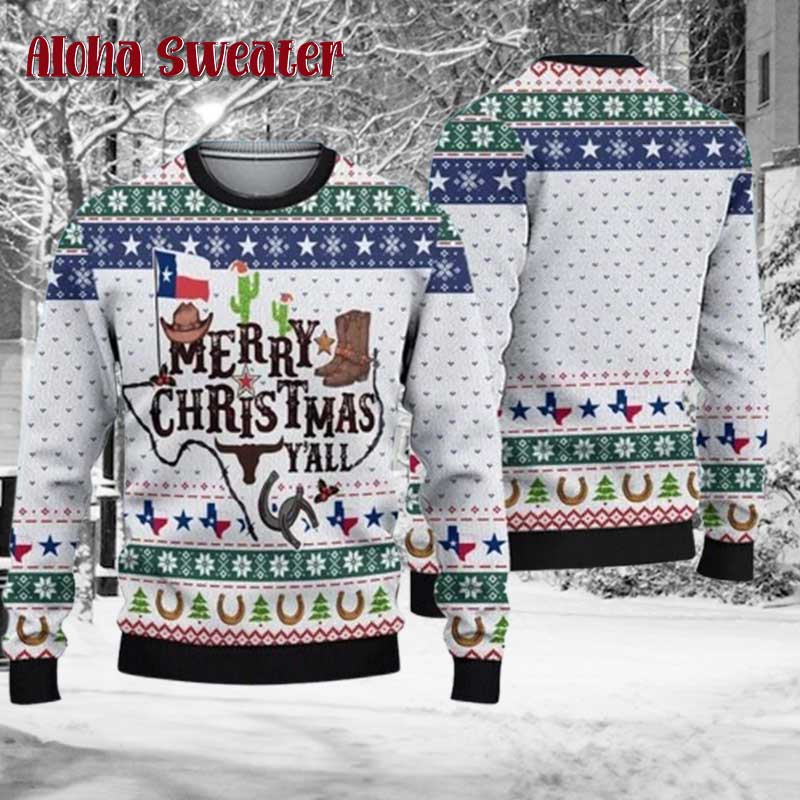 Boots Hat Longhorn Rope Cowboy  Ugly Christmas Sweater