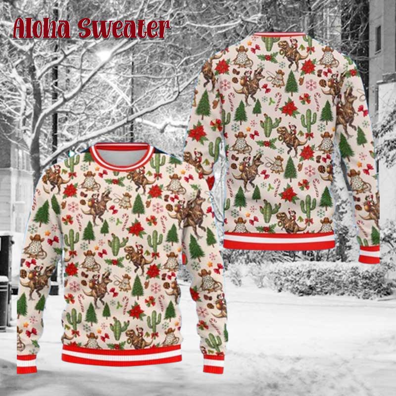 Cowboy Riding Dinosaur Ugly Christmas Sweater