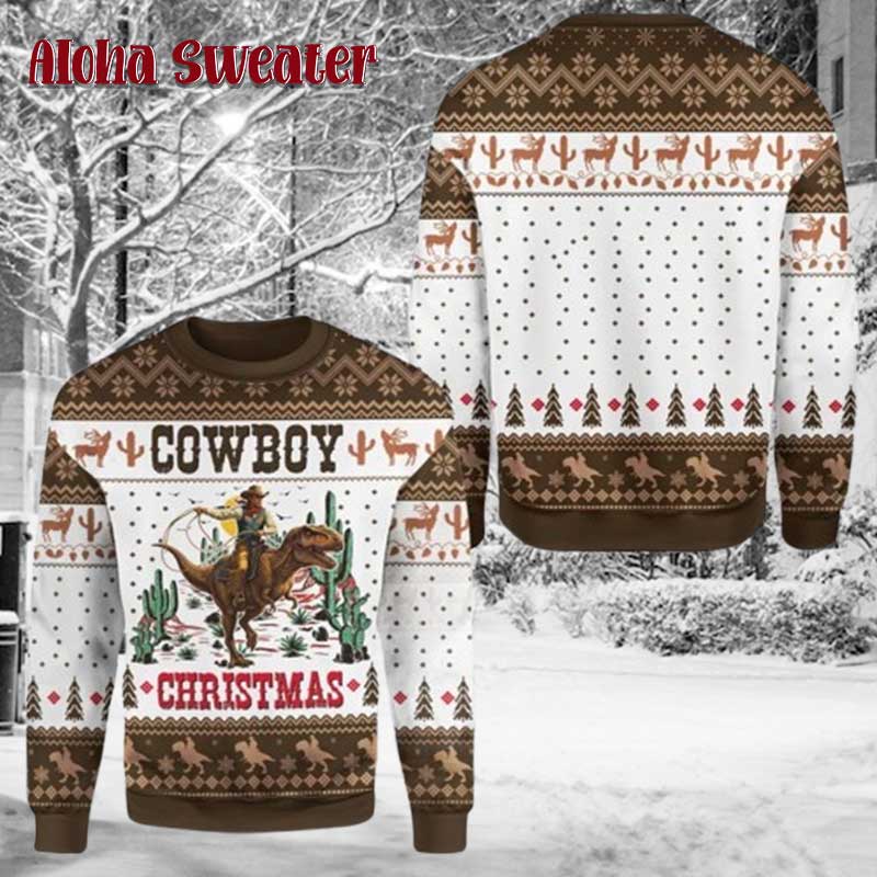 Dinosaur Western Xmas Cowboy  Ugly Christmas Sweater