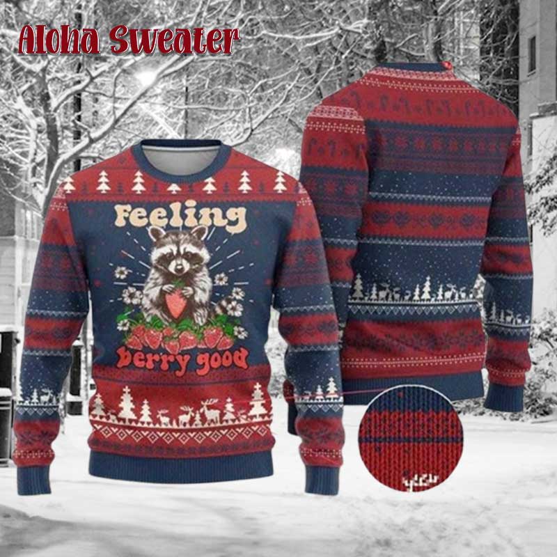 Feeling Berry Good Eating Strawberries Racoon Ugly Christmas Sweater