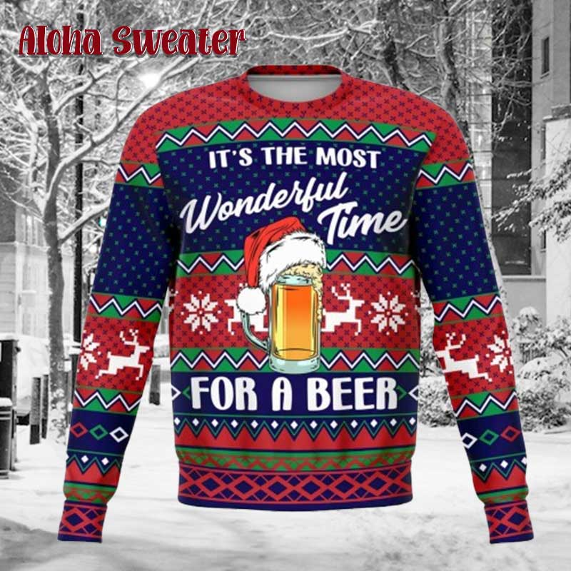 Fun Xmas Sweatshirt Wonderful Time For A Beer Ugly Christmas Sweater