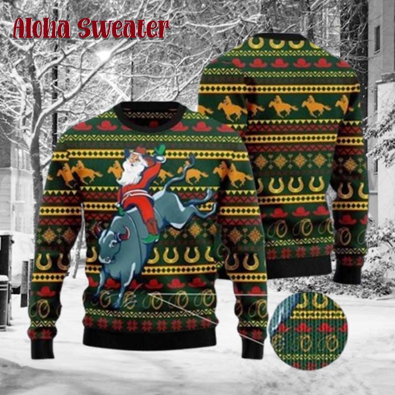 Funny Santa Riding Bull Ugly Christmas Sweater