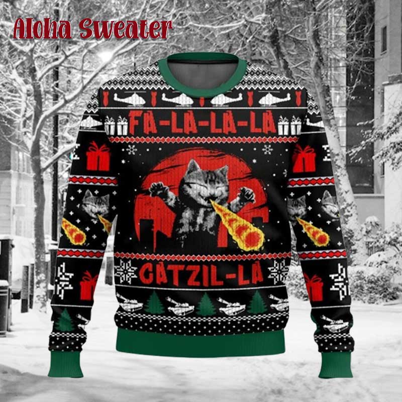 Godzilla Catzila Santa Clause Ugly Christmas Sweater