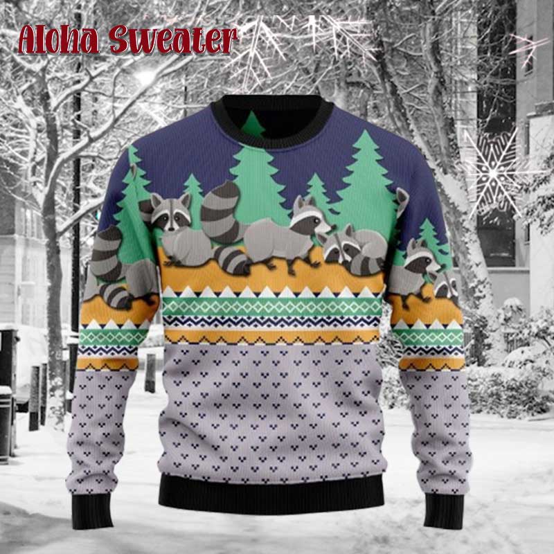 Grey Racoon Marching Ugly Christmas Sweater
