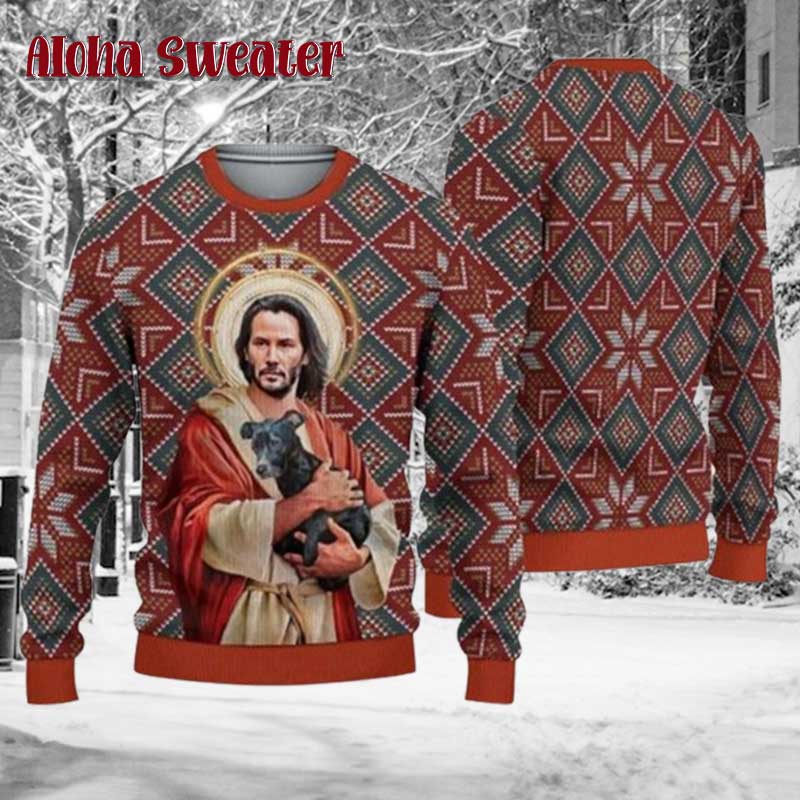 Jesus Keanu Reeves With Dog Ugly Christmas Sweater