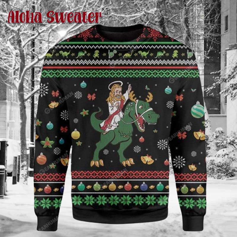 Jesus Riding Dinosaur Ugly Christmas Sweater