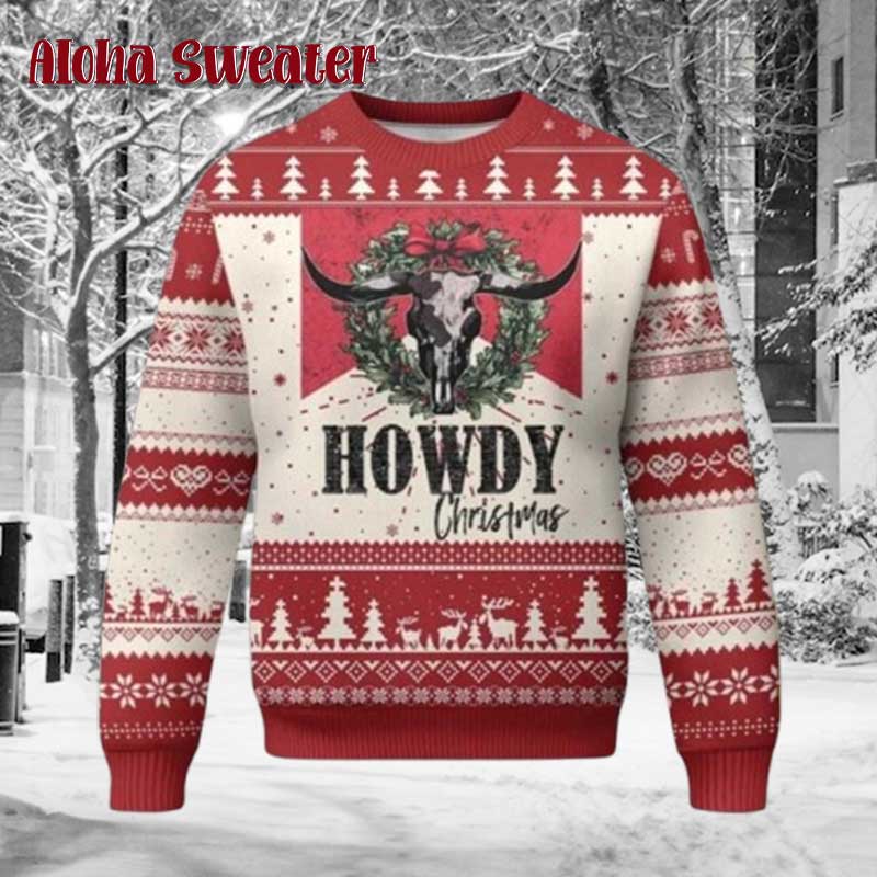 Longhorn Skull Wreath  Country Cowboy Ugly Christmas Sweater