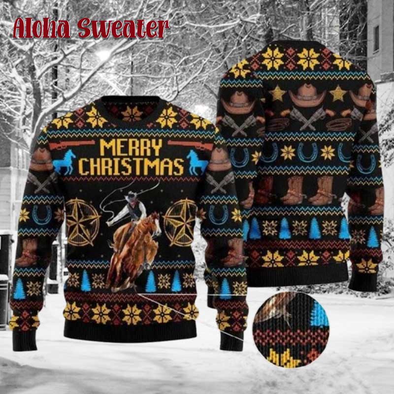 Merry Christmas Funny Western Holiday Cowboy  Ugly Christmas Sweater