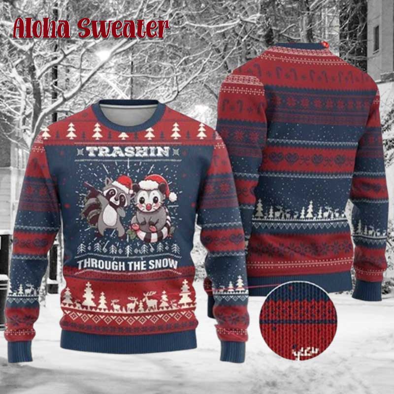 Raccoon Trashin Through The Snow Ugly Christmas Sweater