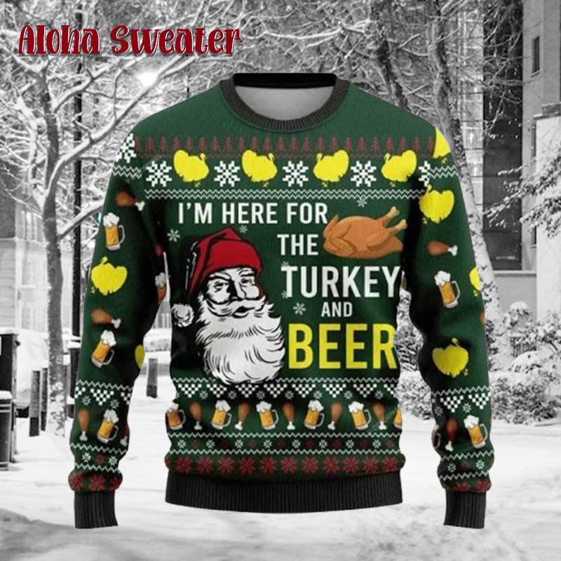 Santa I’m Here For The Turkey And Beer Ugly Christmas Sweater
