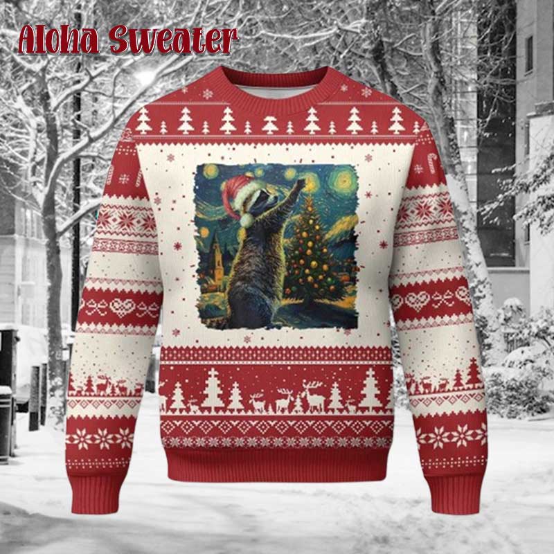 Starry Christmas Night Raccoon Ugly Christmas Sweater