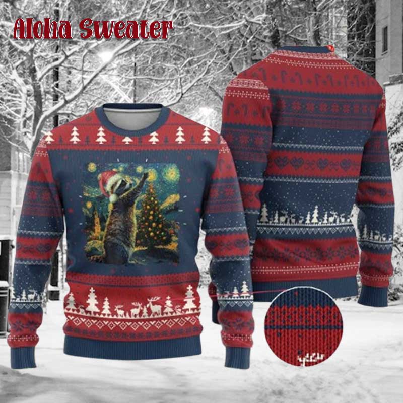 Starry Night Raccoon Meme Ugly Christmas Sweater